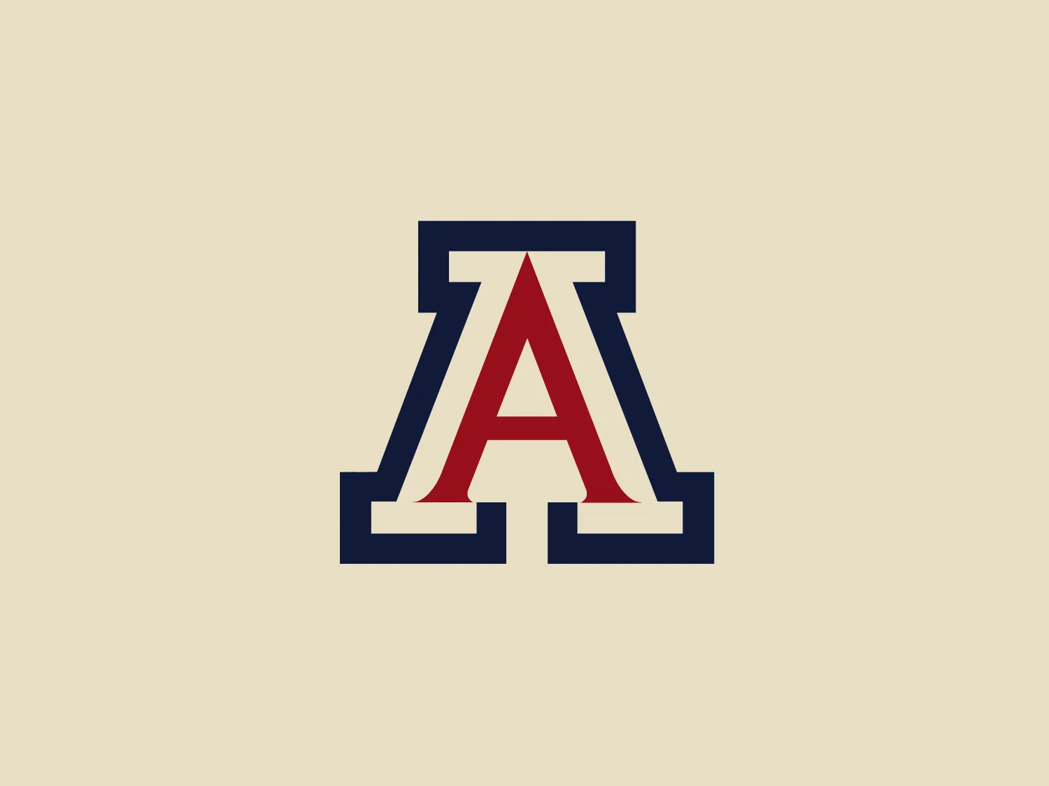 The University of Arizona logo features a bold and stylized letter 'A'. The overall design is geometric and angular, with a dark navy outline giving it a stable and robust appearance. The interior of the 'A' is filled with a crisp red, creating a striking contrast against the navy. The combination of red and navy gives the logo a classic and professional look, often associated with corporate or athletic branding. Both colors are set against a white background that helps in making the logo stand out.
