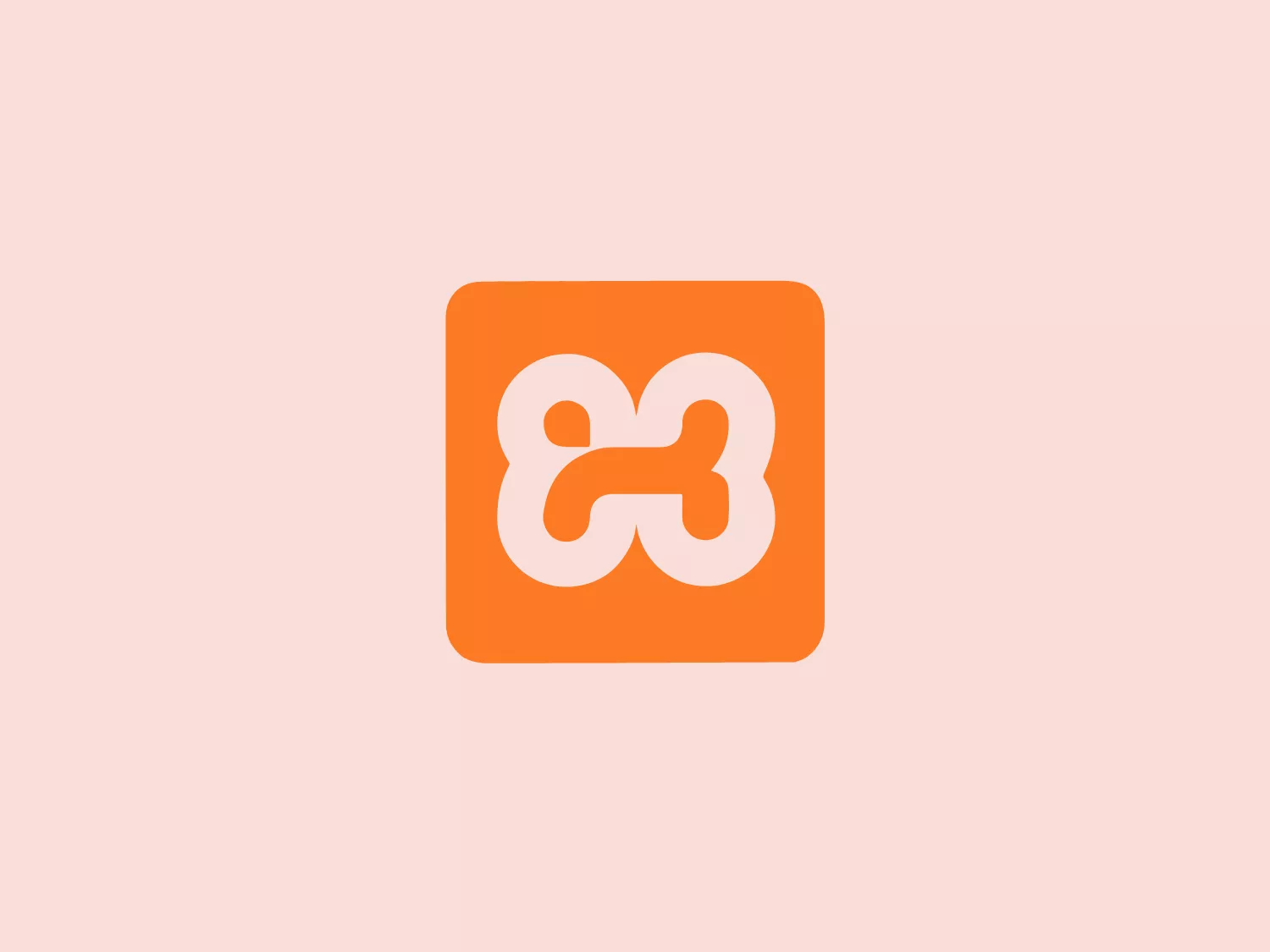 The XAMPP logo is a stylized, symmetrical emblem composed of abstract shapes. Its design aesthetic is modern and minimalist, consisting of a bold, white figure resembling an interconnected 'X' or geometric butterfly shape centered on a vibrant orange square background. The mark's negative space forms two loops on the sides and an intersection in the middle, giving it a dynamic and fluid look that suggests connectivity and movement. The simplicity of the design allows for versatile application across various mediums.