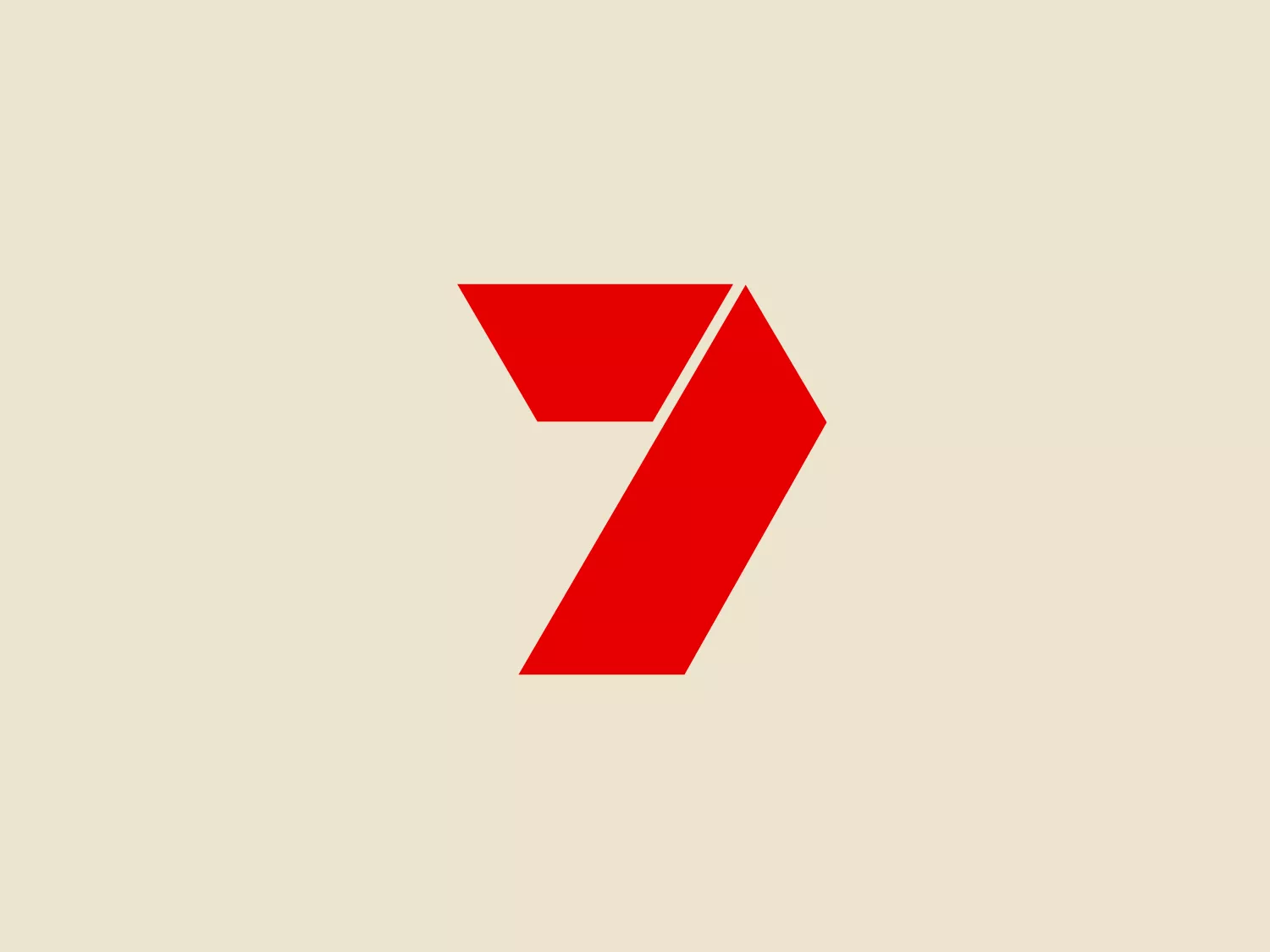 The image displays a bold, two-dimensional Seven Network logo composed of geometric shapes that resemble an abstract representation of the number "7". It is structured from two primary components: an upper right-angled triangle and a larger parallelogram. The overall design aesthetic is modern and dynamic, suggesting forward motion or progress. The logo is monochromatic, utilizing a vivid red color that stands out for its energy and assertiveness. Given the strong, striking nature of the image, a subtle and calming background color would complement it well.