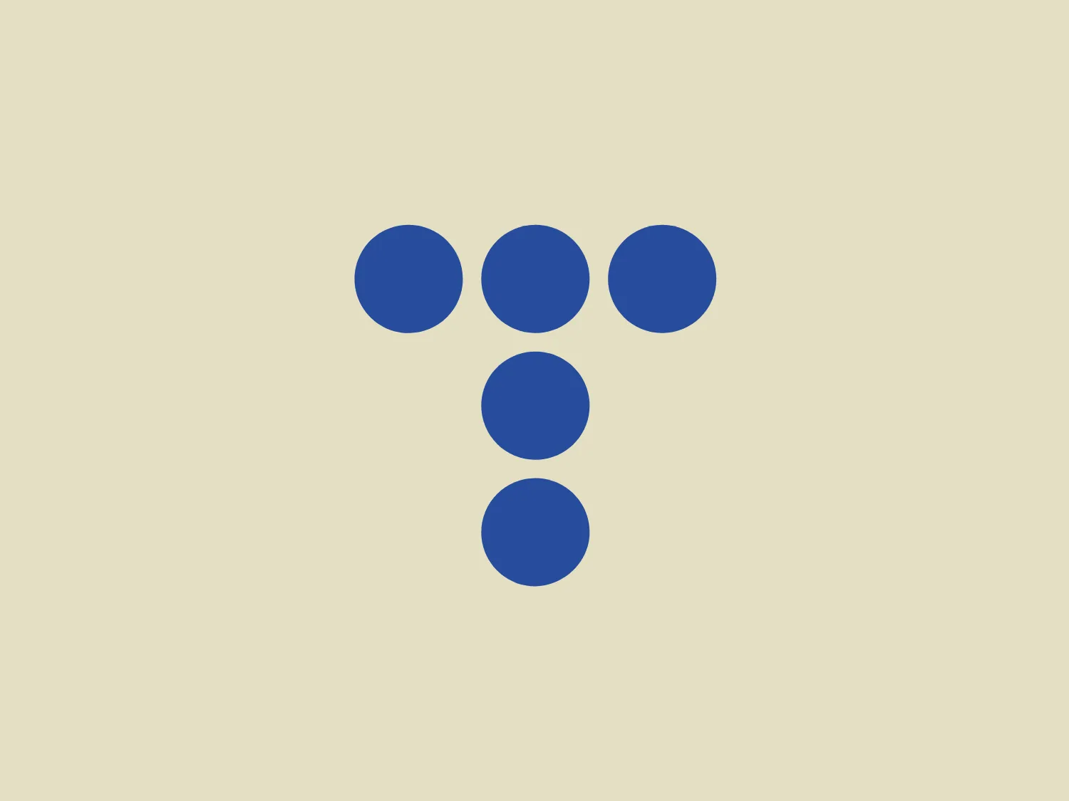 The Telefónica logo features a stylized letter 'T' created using five solid circles arranged in a vertical, asymmetric pattern, where the top row consists of three circles forming a triangle and the two below line up centrally to complete the 'T' shape. The color of the circles is a deep, vivid blue, which provides a sense of professionalism and trust. The shapes are clean, and the absence of connecting lines gives the design a modern and minimalistic aesthetic. A simple yet bold design like this would stand out nicely against a subtle, light-colored background.
