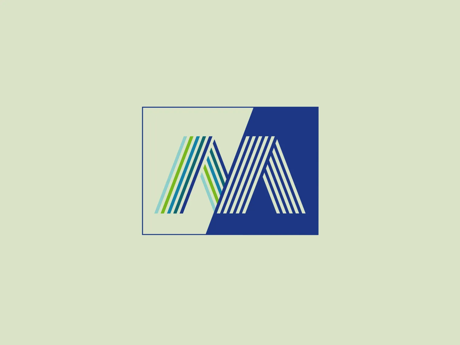 The MAC Papers logo showcases a stylized representation of the letter 'M' with geometric qualities. The left segment is depicted with multiple vertical lines in a gradient of green shades, creating depth and texture, while the solid blue right segment gives the impression of a bold, filled form. This contrast creates a dynamic and modern look, suggesting connectivity or a forward-moving direction. The design is enclosed in a dark blue rectangular frame, providing a structured boundary to the concept.