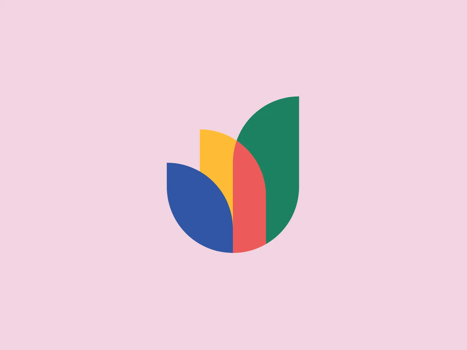 The JustBusiness logo features a stylized depiction of organic shapes that appear to be leaves or petals arranged in a circular formation, resembling a blooming flower. There are four distinct shapes, each with a flat base, and a rounded top, creating a dynamic and harmonious visual effect. The color palette consists of a deep forest green, a bold royal blue, a bright sunshine yellow, and a warm coral red - colors commonly seen in nature. The design's simple and modern aesthetic conveys growth, diversity, and sustainability. It's neither overly complex nor ornate, which allows for versatile application across various mediums. The shapes are evenly spaced, creating a sense of balance and unity.