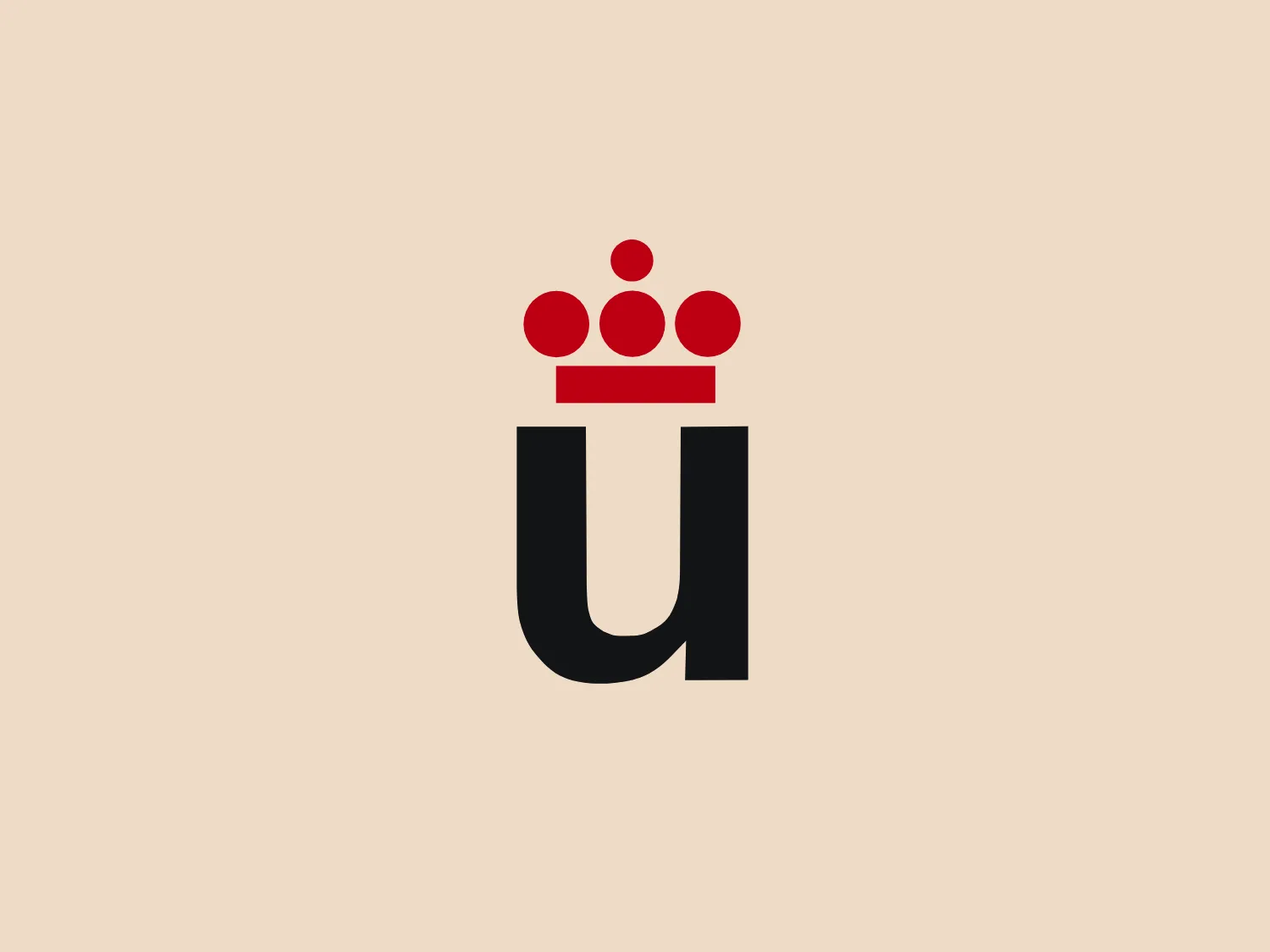 The image shows a stylized logo combining a letter and graphic elements. The primary feature is the bold, black letter 'U' with a modern, sans-serif typeface that gives it a clean and contemporary appearance. Above the 'U', three solid red circles are arranged in a triangular formation, each slightly overlapping the other, forming a symbol reminiscent of a simplified crown or a trio of connected individuals. A flat red horizontal bar tops the three circles, completing the crown-like motif. This logo's use of red and black offers a strong contrast that is bold and attention-grabbing, conveying a sense of regal sophistication or teamwork leadership. The use of geometric shapes and minimal color aids in its versatility and easy recognition.