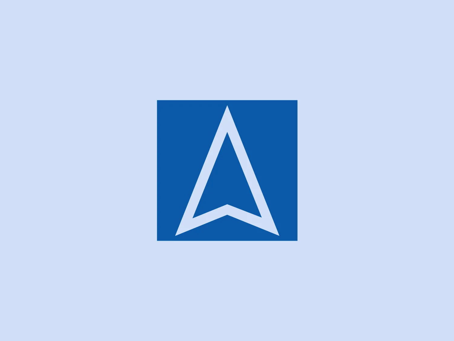The image features a minimal yet impactful logo consisting of an abstract, stylized letter 'A' centered within a square. The 'A' is created using three white lines, with the two outer lines converging at the top and a shorter line at the bottom forming a peak, which also resembles a stylized mountain. The square background is a solid, vivid blue color, giving the impression of stability and strength, while the white color of the 'A' provides a striking contrast. The design is clean, modern, and geometric, suggesting precision and a contemporary feel.