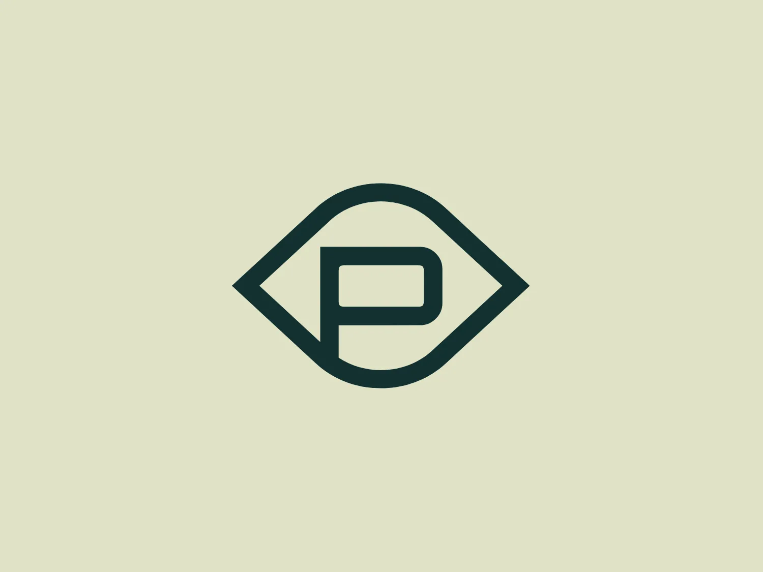 The logo presented for Prime Realty is a stylized combination of geometric shapes forming an abstract eye-like design. The central feature is a bold uppercase "P" with a modern, block-style font encapsulated in what appears to be an elongated hexagon, which in turn is encased by a more extensive rhombus-like shape with softened edges. The color is a deep, almost forest green, giving the logo a professional and trustworthy feel. The overall design aesthetic is minimalistic and contemporary, with a clear emphasis on symmetry and simplicity.