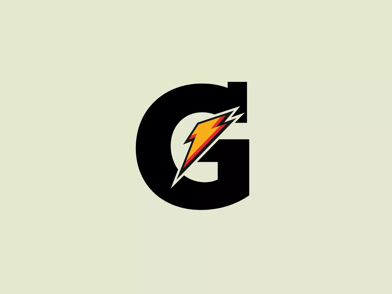 The Gatorade logo features a bold, black letter "G" with a unique design element that suggests speed or energy. Inside the "G", there is an angled, stylized lightning bolt graphic with a gradient that transitions from red at the top to yellow in the middle and then to white at the tip, creating a dynamic and striking contrast. The edges of the bolt are jagged, reinforcing the feel of electricity or a high-energy burst. The overall design aesthetic is modern and vibrant, likely intended to convey power, innovation, or speed. Given the dynamic and vivid elements of the Gatorade logo, a more neutral and lighter background would complement it well.