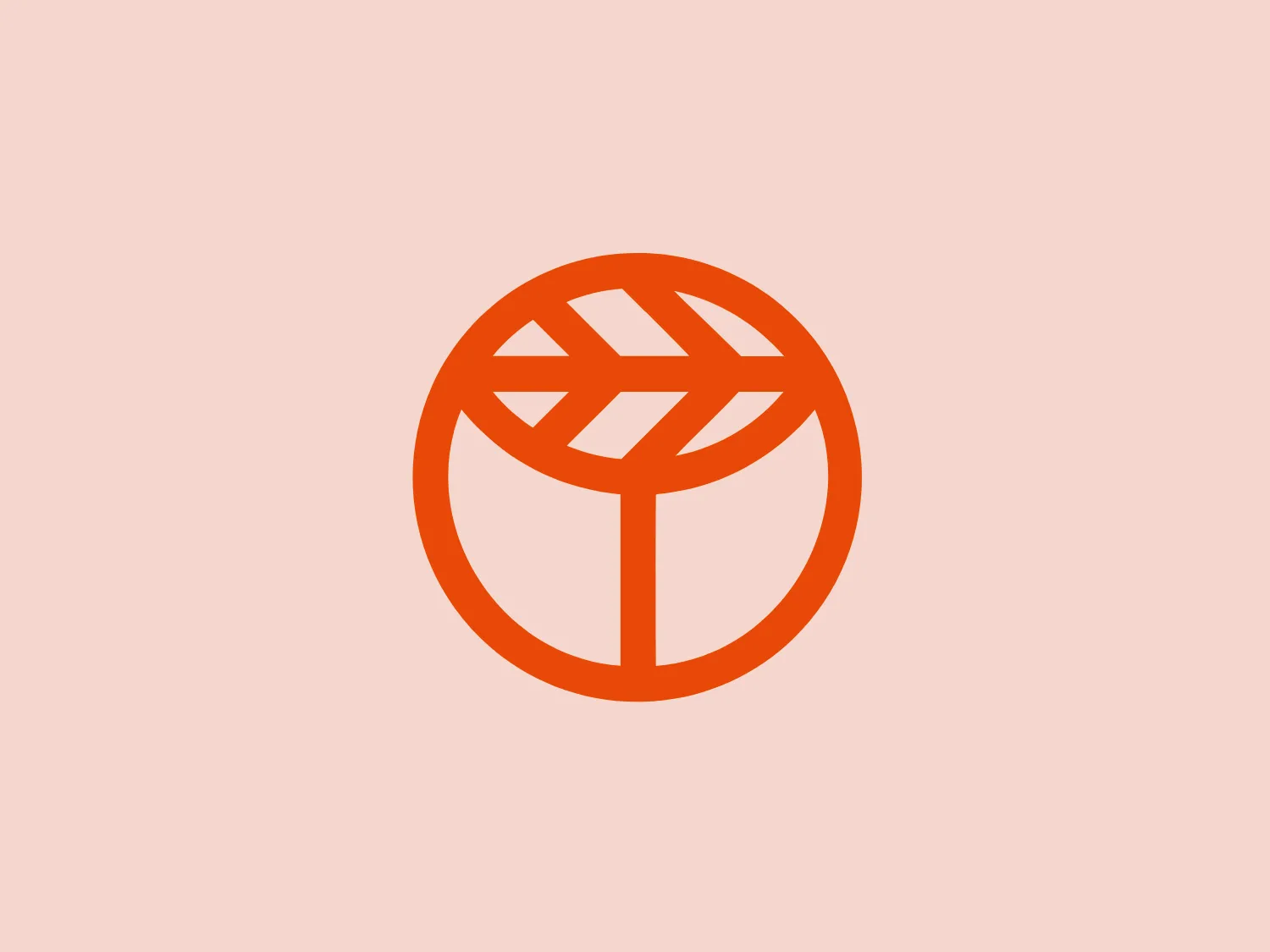 The image depicts a simple, yet striking logo with a modern aesthetic. The symbol consists of an orange monochrome abstract design, resembling a stylized tree encased within a circle. The tree figure is composed of straight lines creating geometric patterns for the leaves and branched out from a central trunk. The circular boundary provides a sense of unity and completeness. The use of negative space within the circle cleverly separates the tree elements and adds depth to the design. The vibrant color would stand out well against a subtle background.
