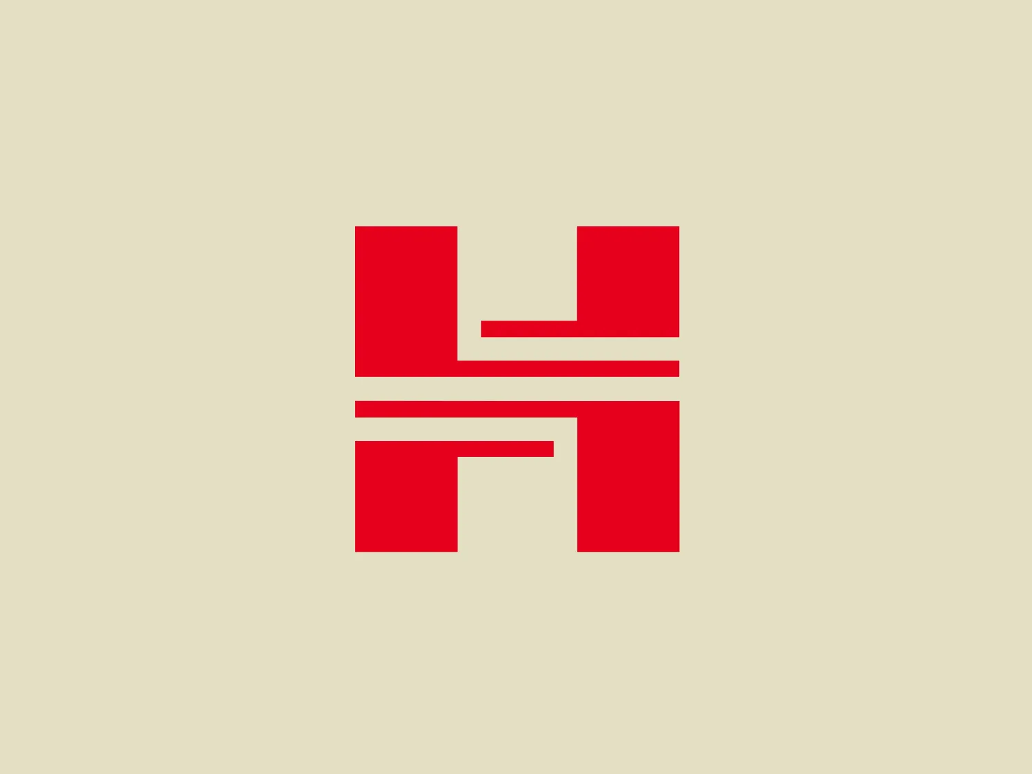 The image presents a bold, geometric logo that consists of a stylized letter 'H' created using negative space. The design is composed of four red blocks, laid out to form two parallel vertical structures that are connected by a horizontal line. The blocks and the negative space together create a strong, symmetrical 'H' for Horizon Printing. The color of the logo is a vibrant red, giving it a powerful and energetic look. The overall design aesthetic is modern, minimalist, and easily recognizable due to its simplicity and use of contrast. Considering the strong red color of the logo, a neutral and pale background would complement it well without competing for attention.