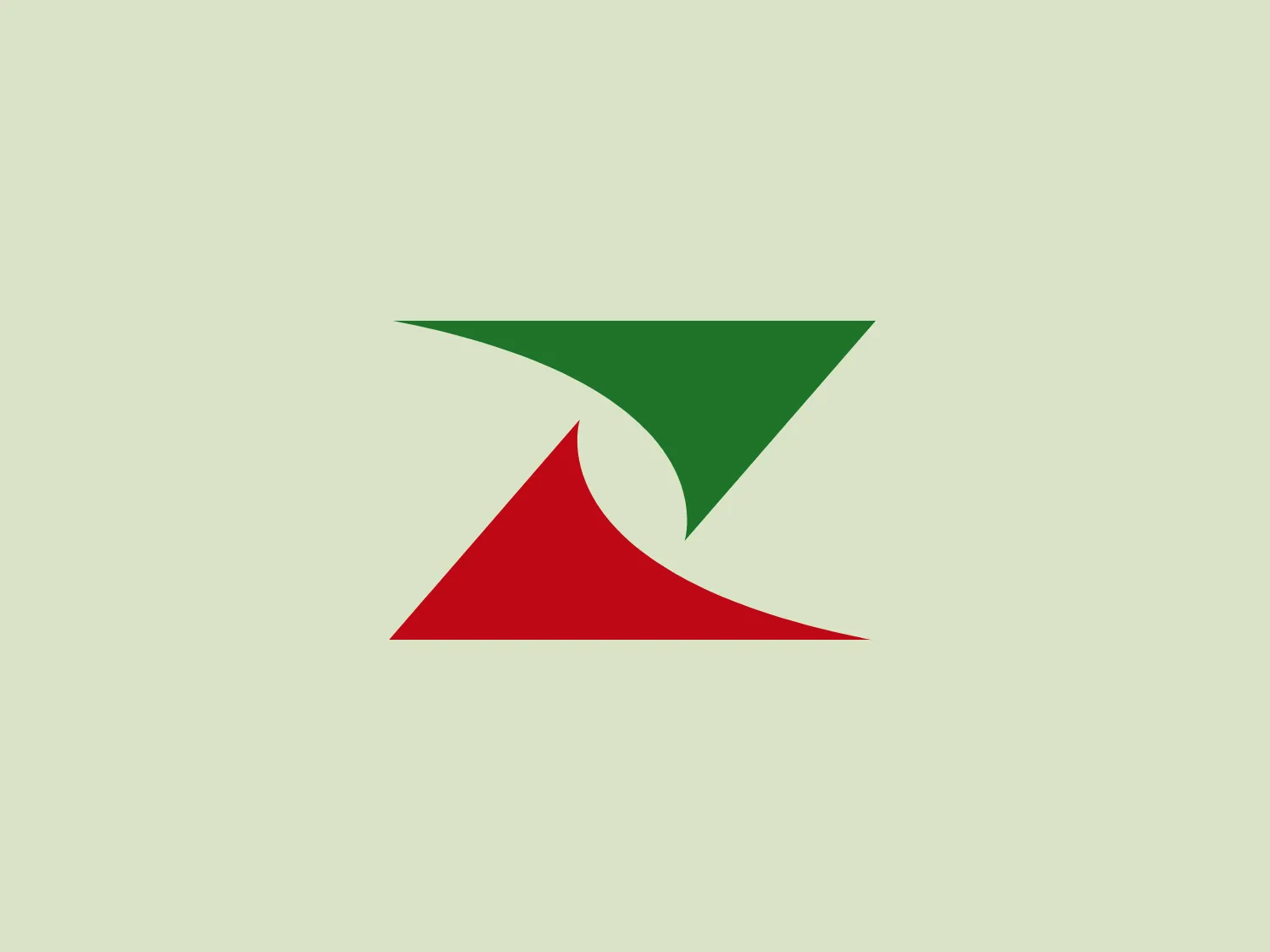 The Zonebourse logo features an abstract, geometric design comprising two distinct shapes that give the impression of an arrow pointing upwards or a stylized mountain. The upper shape is a deep green triangle with the apex pointing downwards, and the lower shape is a bold red triangle with the apex pointing upward. These two triangles overlap partially, creating a sense of depth and movement, with the negative space between them forming an arrowhead or peak shape pointing upwards. Both triangles have slightly rounded corners, softening the overall design and adding a modern twist to the otherwise sharp geometric figures. The logo boasts a clean, minimalist aesthetic that conveys progress, dynamism, and growth.