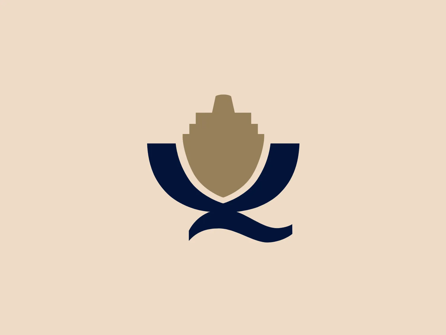 The QSL logo showcases two main shapes that blend organic and geometric elements. At the top, there is a stylized leaf or flame-like figure in muted gold, enclosed by a dark navy U-shaped element that conveys stability and protection. The U-shape boasts a sleek, bold aesthetic, finished with fluid, ribbon-like curves, injecting a dynamic touch to the overall design. This minimalist and elegant logo exudes modernity with its striking color contrast.