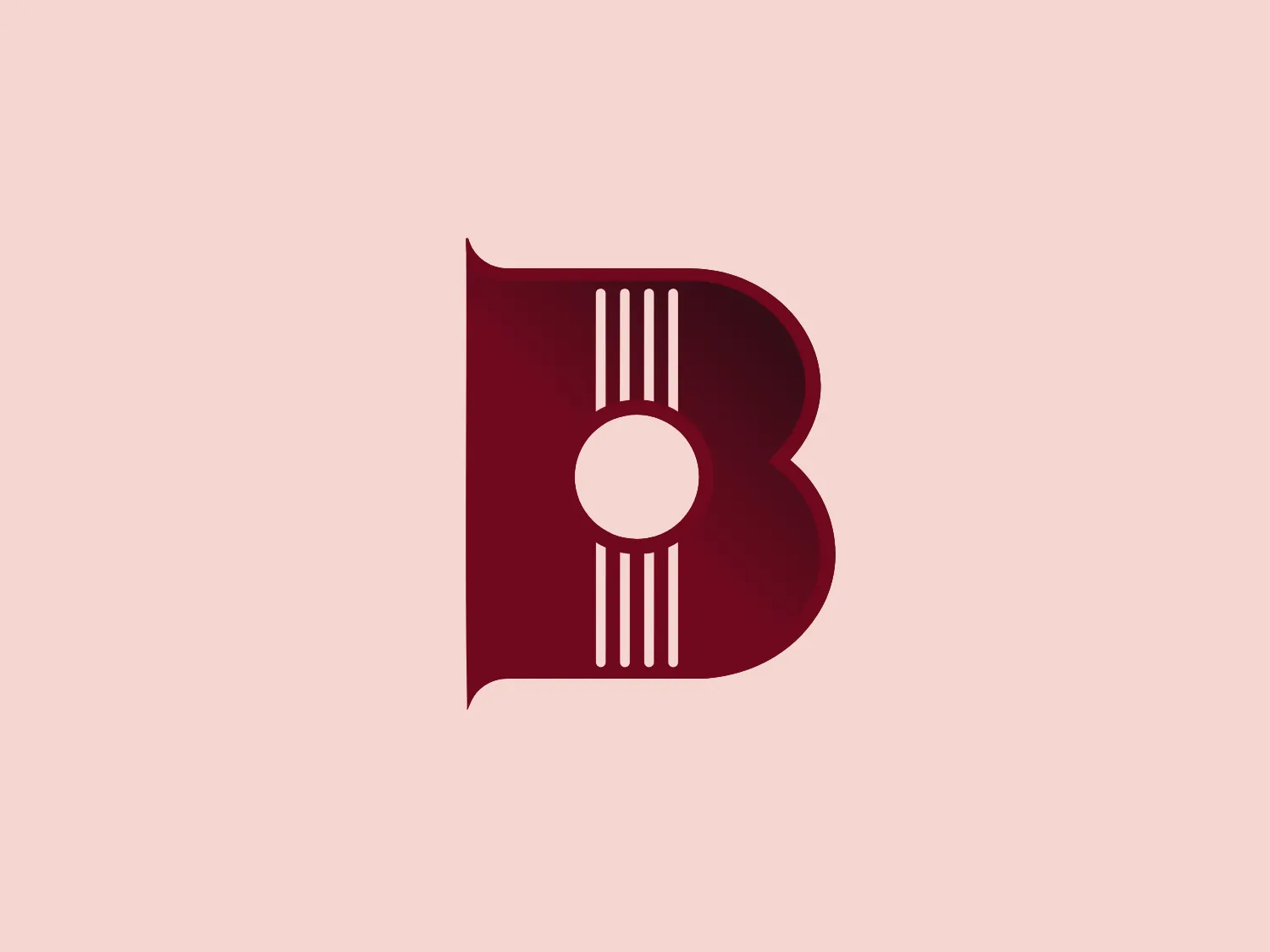 The Saint Boniface Célèbre logo showcases a bold, maroon-colored, modern, and stylized letter "B" with a flat design. The "B" incorporates three vertical white lines, creating a sense of movement and alluding to audio or music themes. This design uses negative space effectively, adding an eye-catching visual element.