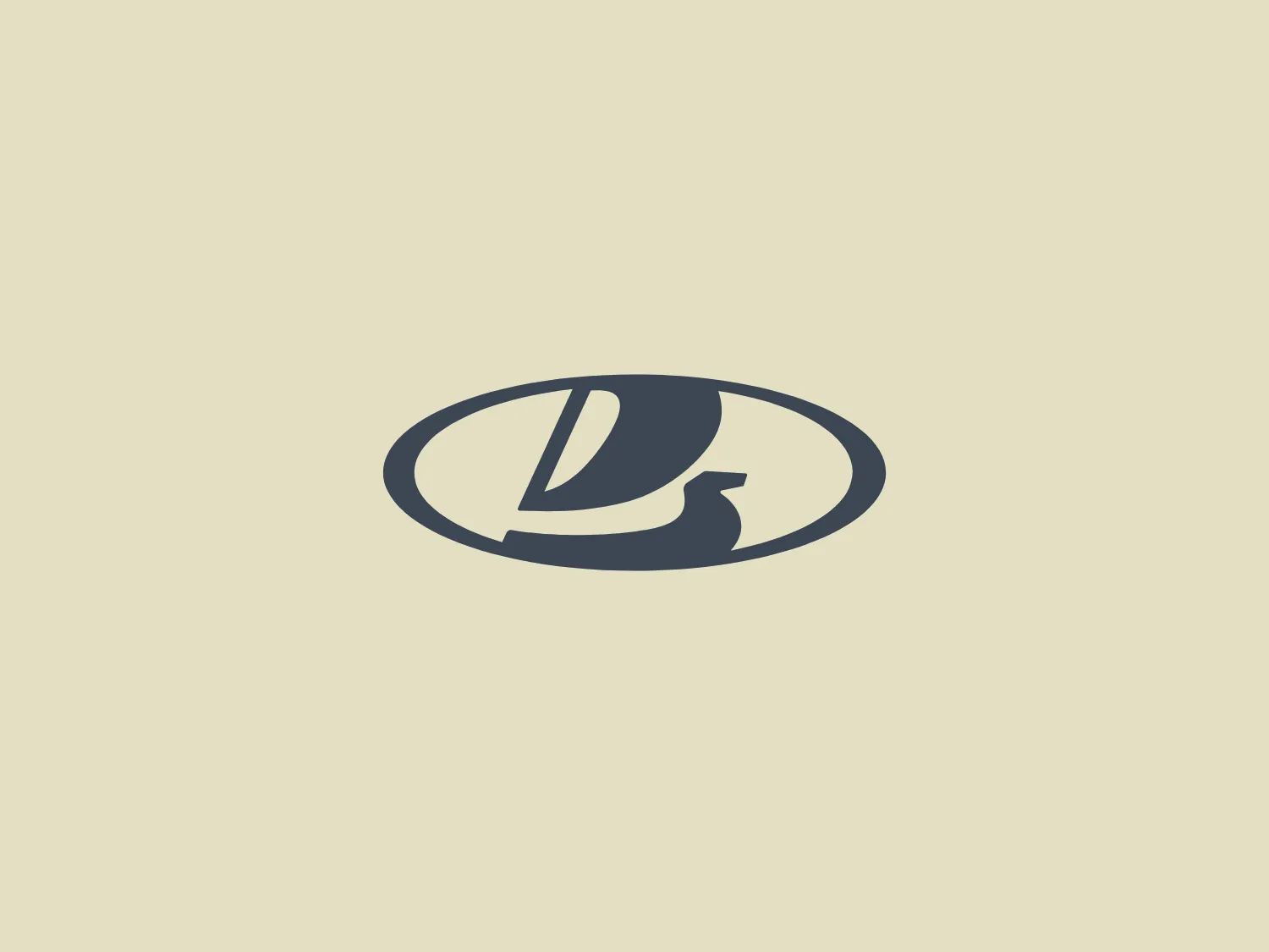 The Lada logo features a stylized letter "D" in a dark gray color that seamlessly merges into an abstract figure resembling a swan or bird's head and neck, creating a dynamic and organic shape. These elements are encased within an elongated oval, maintaining a modern and sleek aesthetic with a minimalist approach and a balance of negative space and solid shapes. The design's simplicity and elegance would be enhanced by a subtle background color that does not detract from its clean lines.