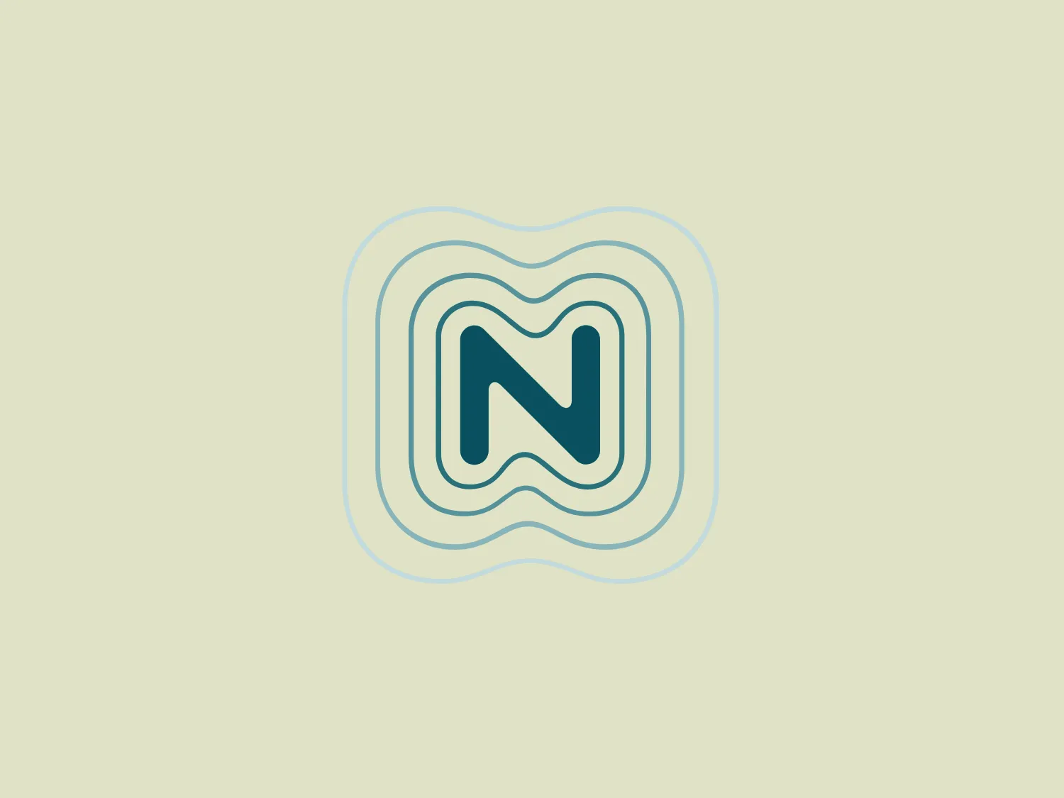 The logo for Nominet features a bold, stylized letter 'N' centered within a design of multiple concentric shapes with rounded corners, creating a ripple or wave-like effect. The color palette includes a gradient scale of teal and blues, emanating a sense of fluidity and modernity. The 'N' itself is dark teal or navy, serving as a strong focal point against the lighter surrounding graphics. This abstract, flowing design suggests flexibility, adaptability, and innovation.