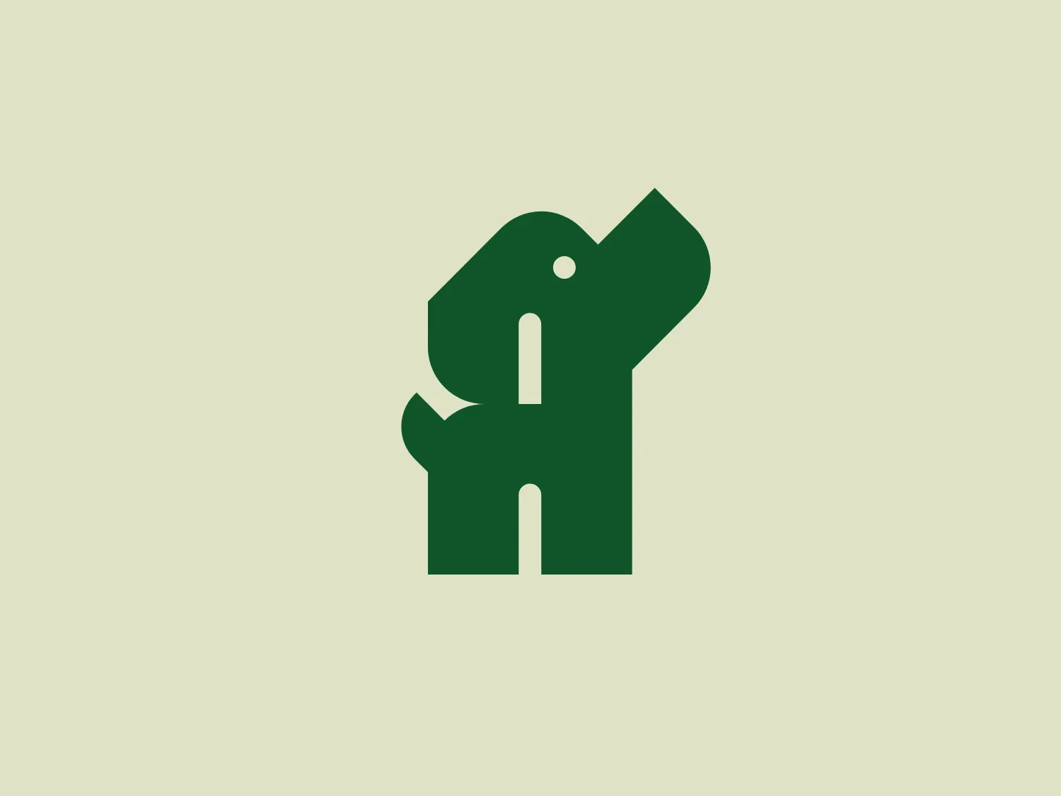 The business logo for Pets4Homes features a stylized, minimalistic design of an elephant in a deep green color. The elephant's silhouette is formed using sharp geometric shapes and smooth curves, with a singular circle representing the eye. The space between the elephant's trunk and legs creates a doorway-like negative space, adding visual intrigue. This clever use of negative space could imply accessibility or an entrance, possibly hinting at the brand's ethos or service. The aesthetic is modern, with a flat design that favors simplicity and iconic imagery over detail.