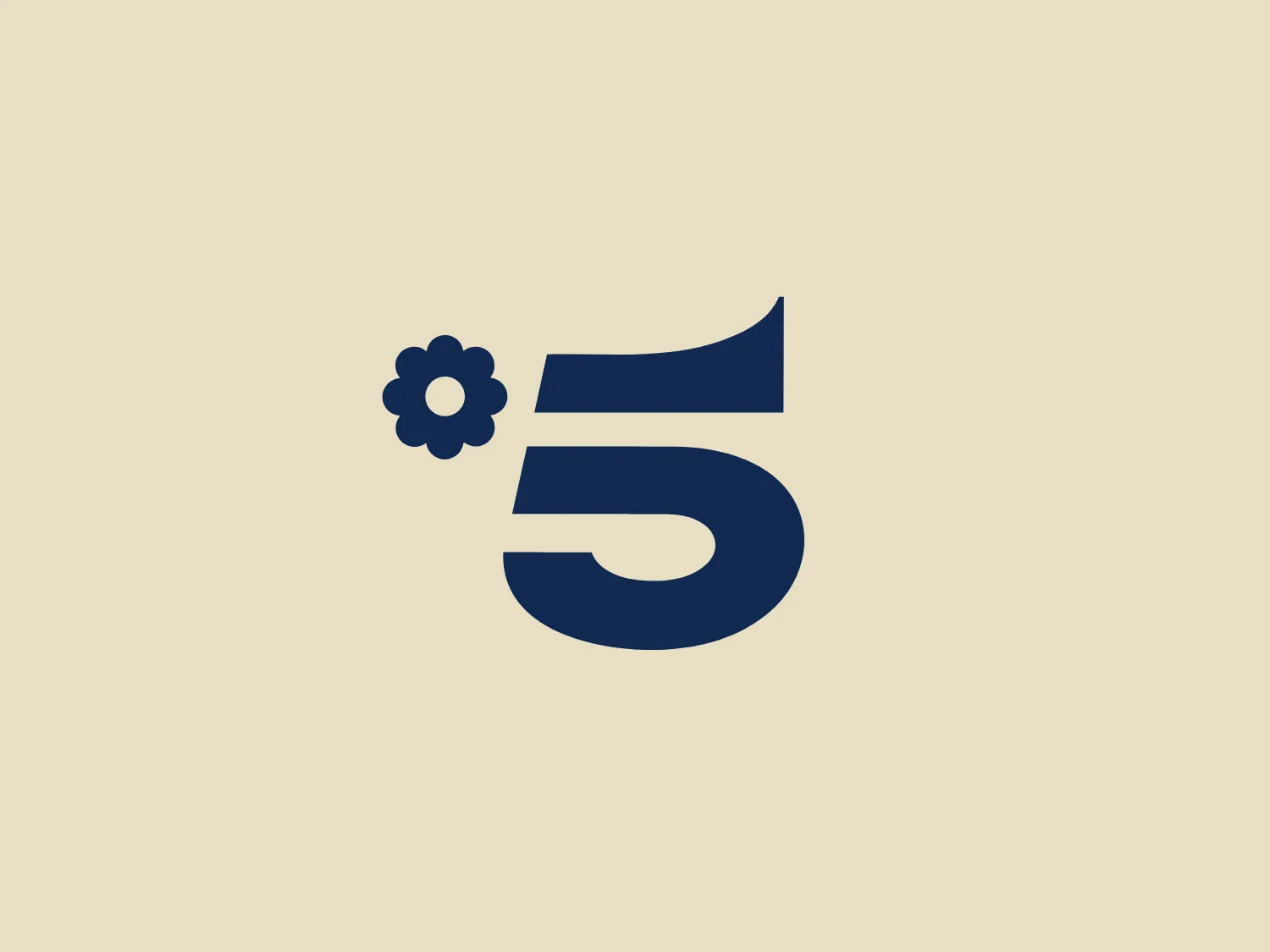 The image features a bold, navy blue Canale 5 logo consisting of a capitalized letter "S" with a stylized flower to its upper left. The "S" has a clean, modern design with a curve that suggests a sense of motion or dynamism. The flower is simplified, with a center dot and eight rounded petals, adding an element of playfulness or organic appeal to the design. The logo's use of solid color and minimal detail gives it a strong and easily recognizable silhouette, suitable for various branding purposes.