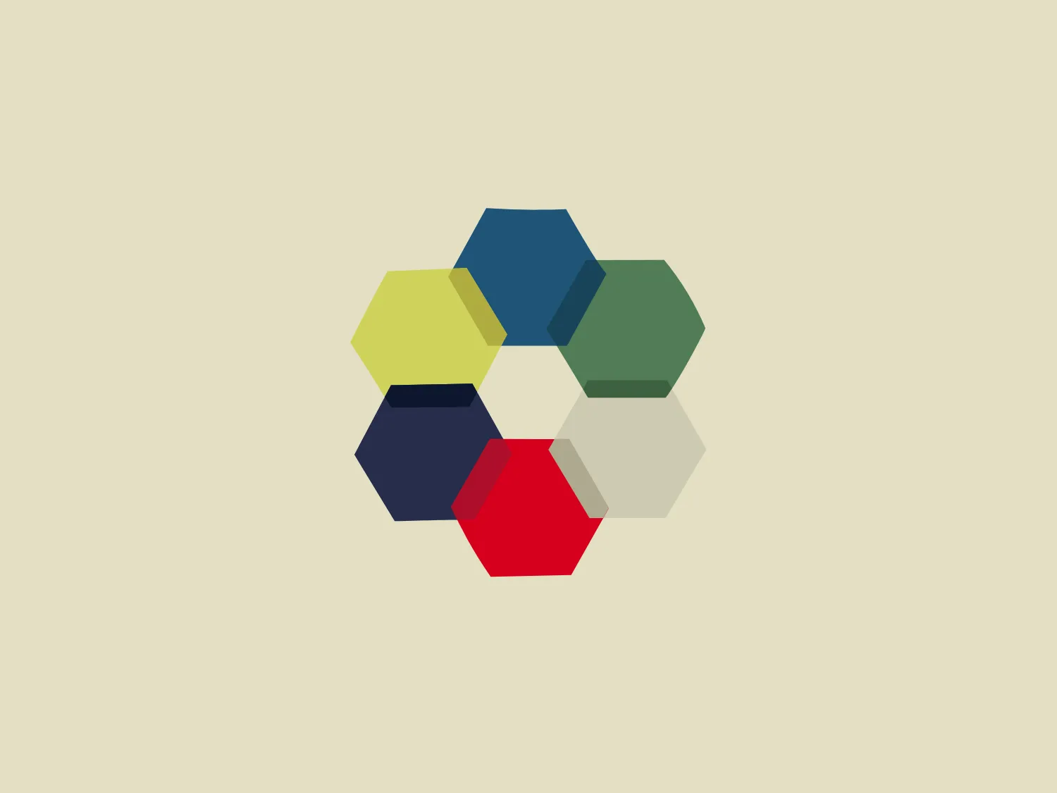 The Oregon Arts Commission logo features an arrangement of six flat hexagons interlocked in a honeycomb-like structure. The hexagons display a muted color palette with the top hexagon in dark blue, the right-top in a sage green, the right-bottom in a desaturated red, the bottom hexagon in off-white, the left-bottom in navy blue, and the left-top in a subdued yellow. The design aesthetic is minimalist and geometric, giving a sense of interconnectedness and stability with its compact and balanced composition.