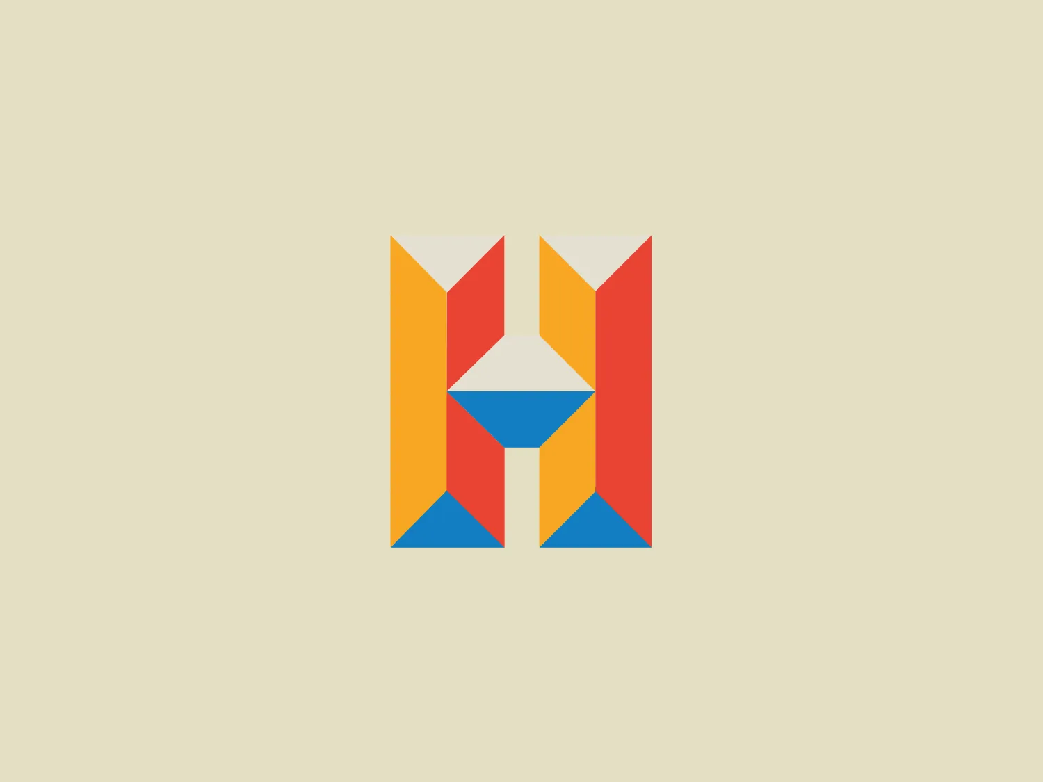 The Handicraft logo consists of a highly geometrical and symmetric design featuring a combination of shapes that create an abstract representation of a letter or symbol. The logo's central feature is a hexagon with its top and bottom sides extended outward and split into triangles. The color palette includes a warm spectrum with shades of yellow, orange, and red on the left and right sides, while the hexagon is colored in a calming blue with a white center, providing a stark contrast. This creates an effect of depth and dimensionality within the Handicraft logo. The overall design aesthetic is modern and clean, with a flat vector-style representation that emphasizes clarity and simplicity. The simplicity of the Handicraft logo allows for flexibility across various applications.