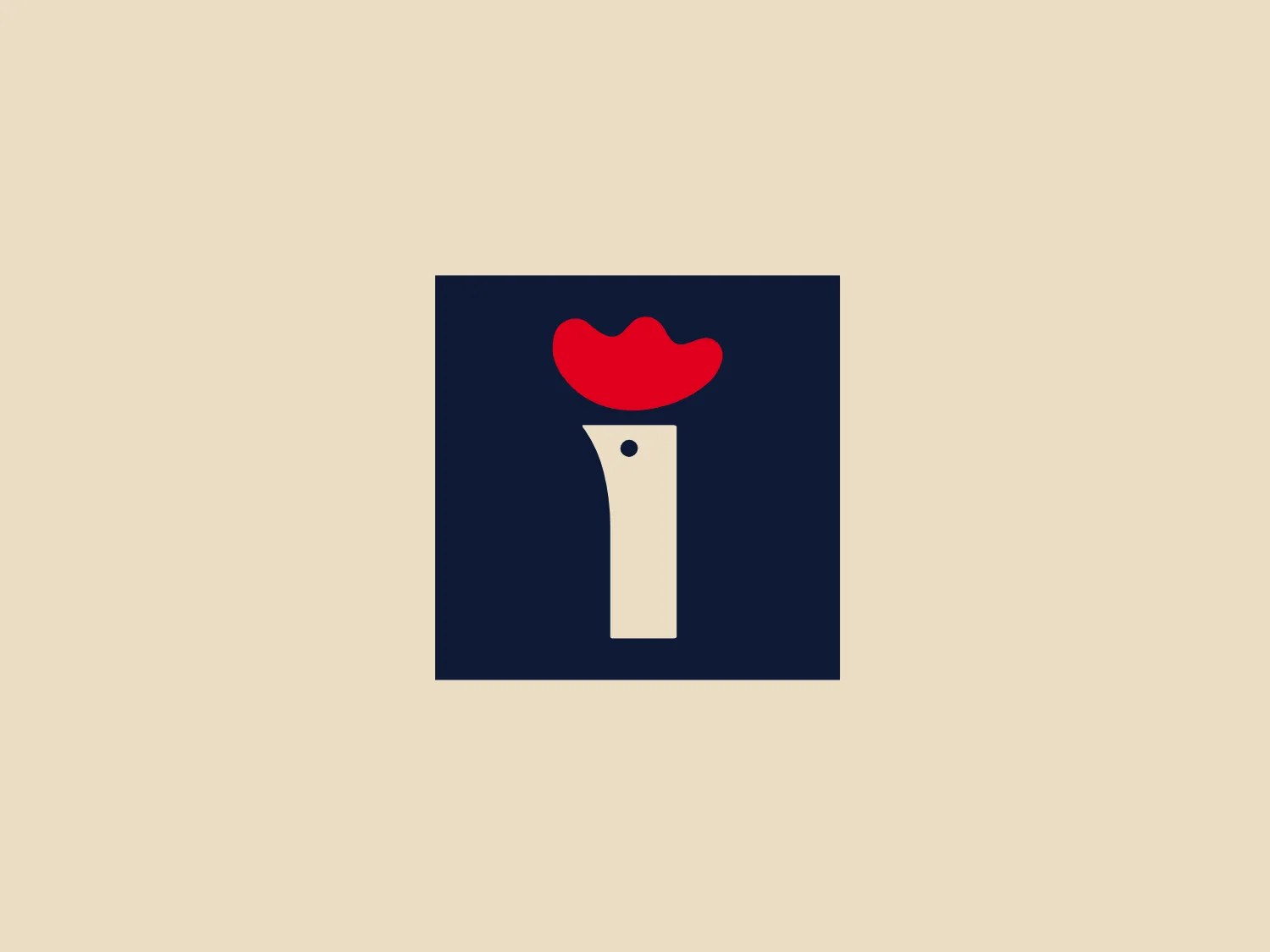 The Faina logo showcases a stylized lowercase "i" against a navy blue square background. The dot of the "i" is an abstract red shape resembling a blob or a smoothed cloud, creating a striking contrast to the clean and modern white stem. A small circle interrupts the stem, adding an element of intrigue or playfulness to the design. The overall aesthetic is simple yet bold, with a minimalistic approach that plays on shape and color to create a distinctive and memorable image.