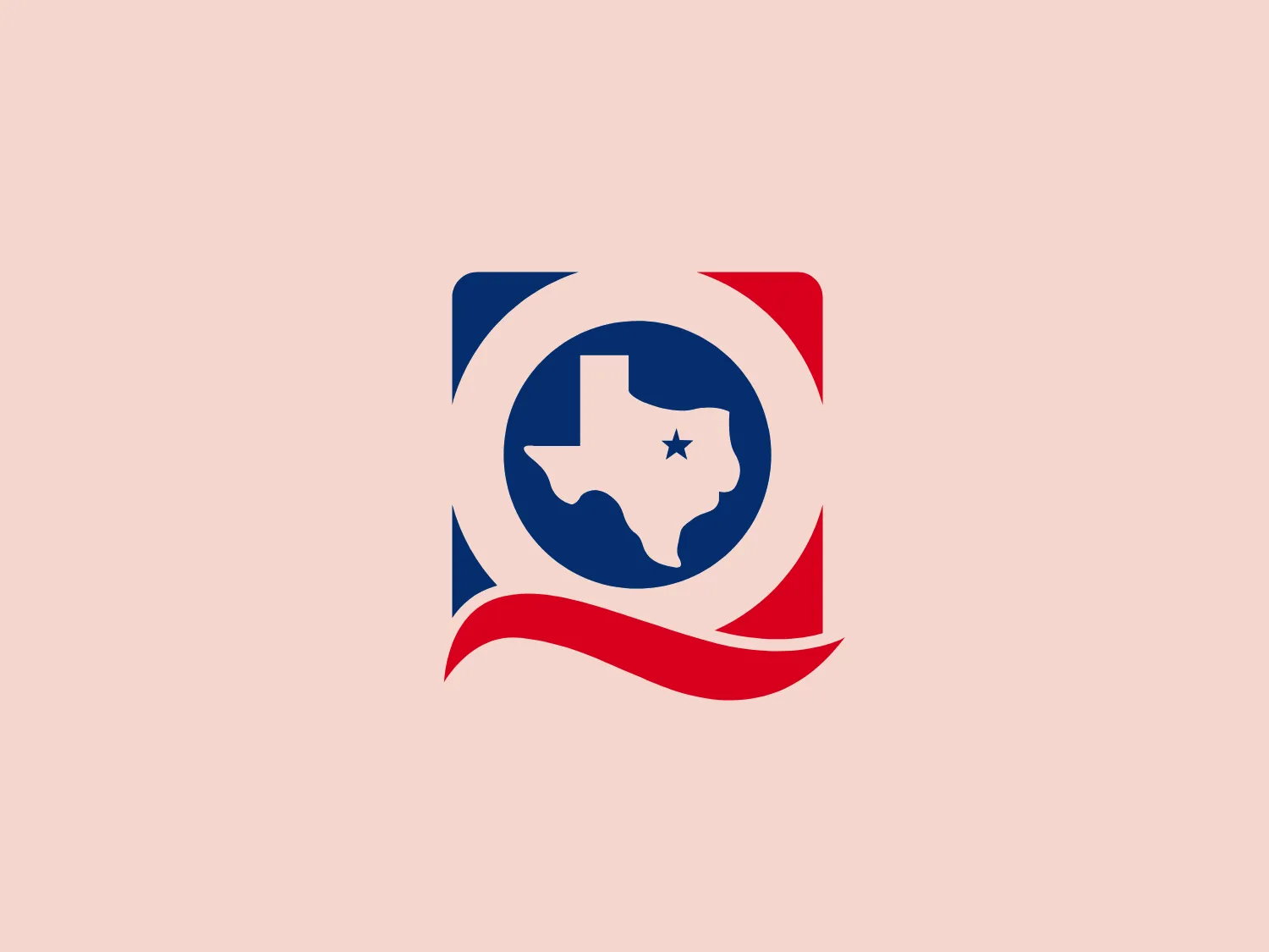 The Quote Texas logo features a stylized representation of the state of Texas in dark blue, set within a white circular outline at the center of a larger circular red, white, and blue motif. The Texas shape houses a single white star, positioned roughly over the central-eastern part. Swirling around this central icon are two dynamic elements: a blue swoosh with a pointed tip on the upper left and a red swoosh with a similar tip on the bottom right, giving the logo a sense of movement. Both the blue and the red elements have a slight curvature, suggesting a ribbon-like appearance that gracefully encapsulates the central Texas figure. The color palette is reminiscent of the American flag, conveying a patriotic theme. The overall design aesthetic is clean, modern, and highly symbolic.