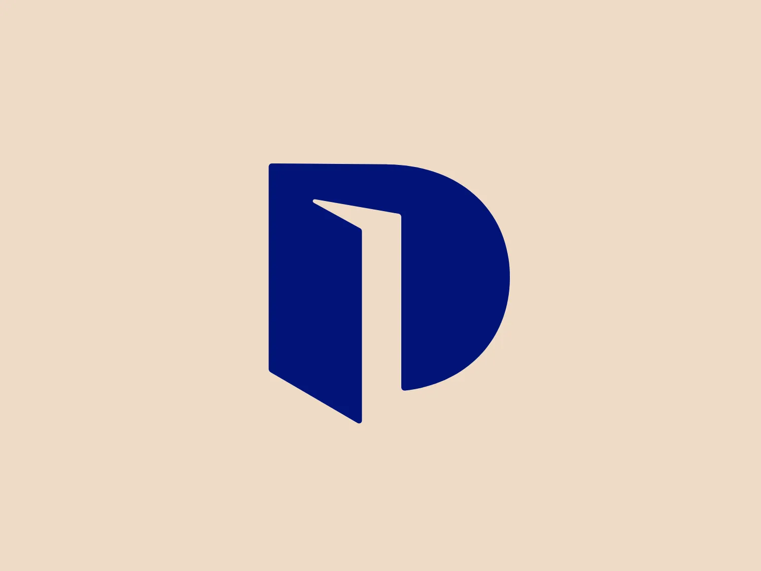 The image depicts a bold, stylized letter "D" in a deep blue color. The "D" has a modern, geometric design with sharp edges and a sense of three-dimensionality given by the lighter blue fold or notch on its left side. It resembles a door being slightly ajar or a flag flapping in the breeze, implying movement or an opening. The overall aesthetic is sleek, clean, and contemporary, easily scalable for various uses. This Dictionary logo would likely stand out well on a neutral, light background that doesn't compete with the blue's intensity.