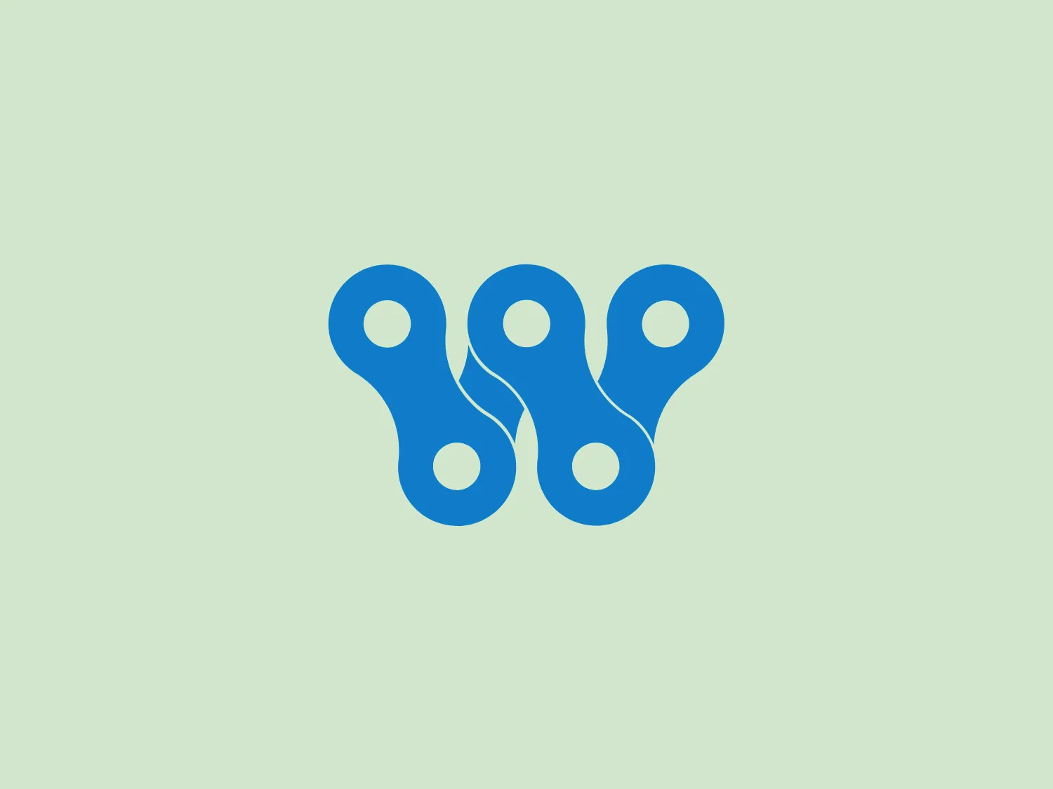The image shows a stylized logo for Bikeworks consisting of three interconnected blue figures resembling abstract bike chain links or blobs with two white circular cutouts in each, giving them an appearance of being hollow or featuring eyes. The figures are arranged in a V-like formation that suggests a sense of connection or networking. The clear negative space created by the cutouts complements the solid blue, yielding a clean, modern look with a playful twist. The blue hue is vibrant and eye-catching, set against a simple white background. Given the blue color of the logo, a neutral or slightly warm background would complement it without creating a stark contrast. The hexcode for a suitable background color would be #DAEAD7, as it provides a subtle, light backdrop that would not overpower the vibrancy of the blue logo.