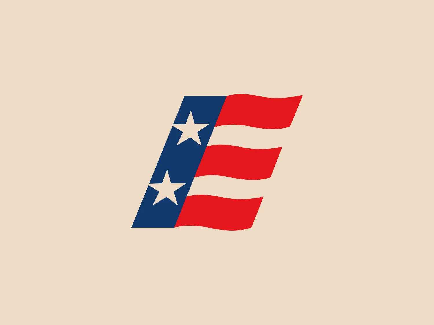 The image depicts a stylized letter "A" featuring the motif of the American flag, with a dark blue field in the upper left corner embellished with three white five-pointed stars, aligned diagonally. Below the blue field, there are three horizontal red stripes simulating the stripes of the flag, giving the impression of a waving motion. The shapes are sharp and the color palette—red, white, and blue—is vibrant and reminiscent of patriotic themes. The overall design is clean, modern, and evokes a sense of Americana.