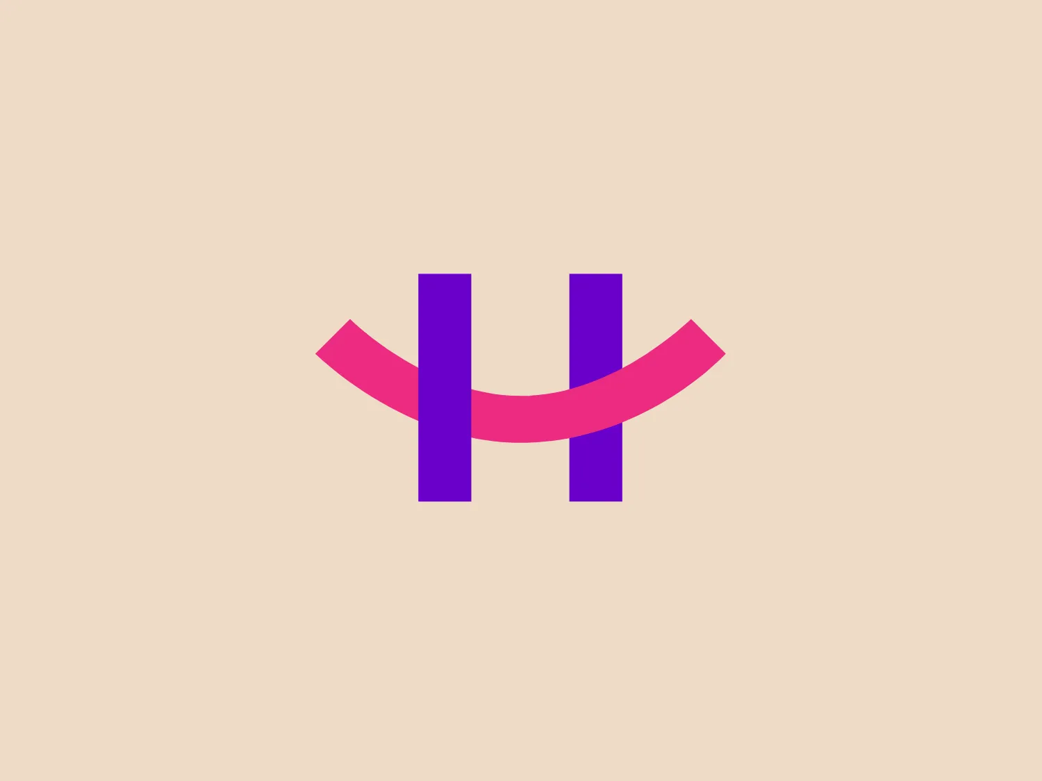 The HBox logo consists of a stylized letter H with unique elements. The two vertical lines are bold and purple, creating a solid foundation for the design. A pink, ribbon-like shape flows between the two lines, dipping below the baseline and rising above the midline, imparting a sense of fluidity and contrast to the otherwise rigid verticals. The overall design aesthetic is modern and playful, with the pink and purple palette giving it a vibrant, youthful edge. The logo balances symmetry with an organic touch through the curved shape.