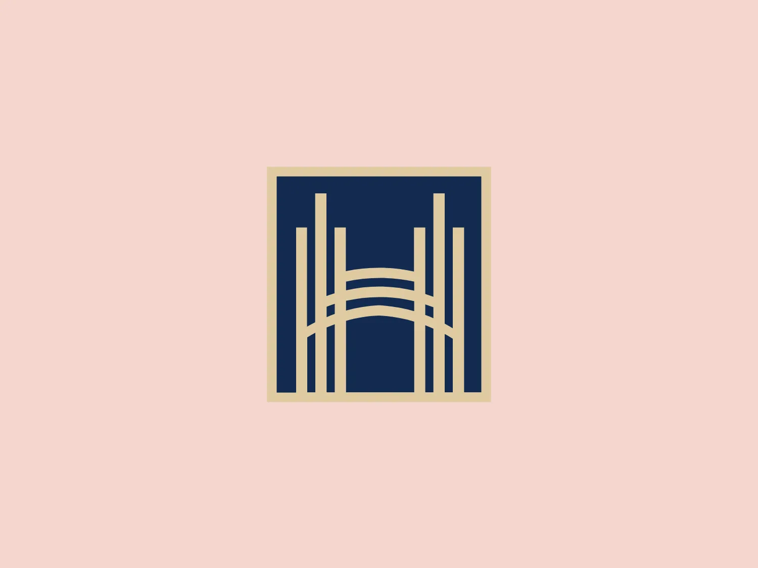 The logo depicted is a stylized, geometric design consisting of a square navy blue background with gold-colored lines that form an abstract arrangement, reminiscent of an architectural structure or a bridge. The lines are symmetrically distributed, with a set of three vertical lines flanked by arched lines that echo from the center out to the edges, creating a sense of perspective and depth. The design is modern, with a clean and minimalist aesthetic, and the contrasting colors give Hamilton City's logo a bold and distinguished look.
