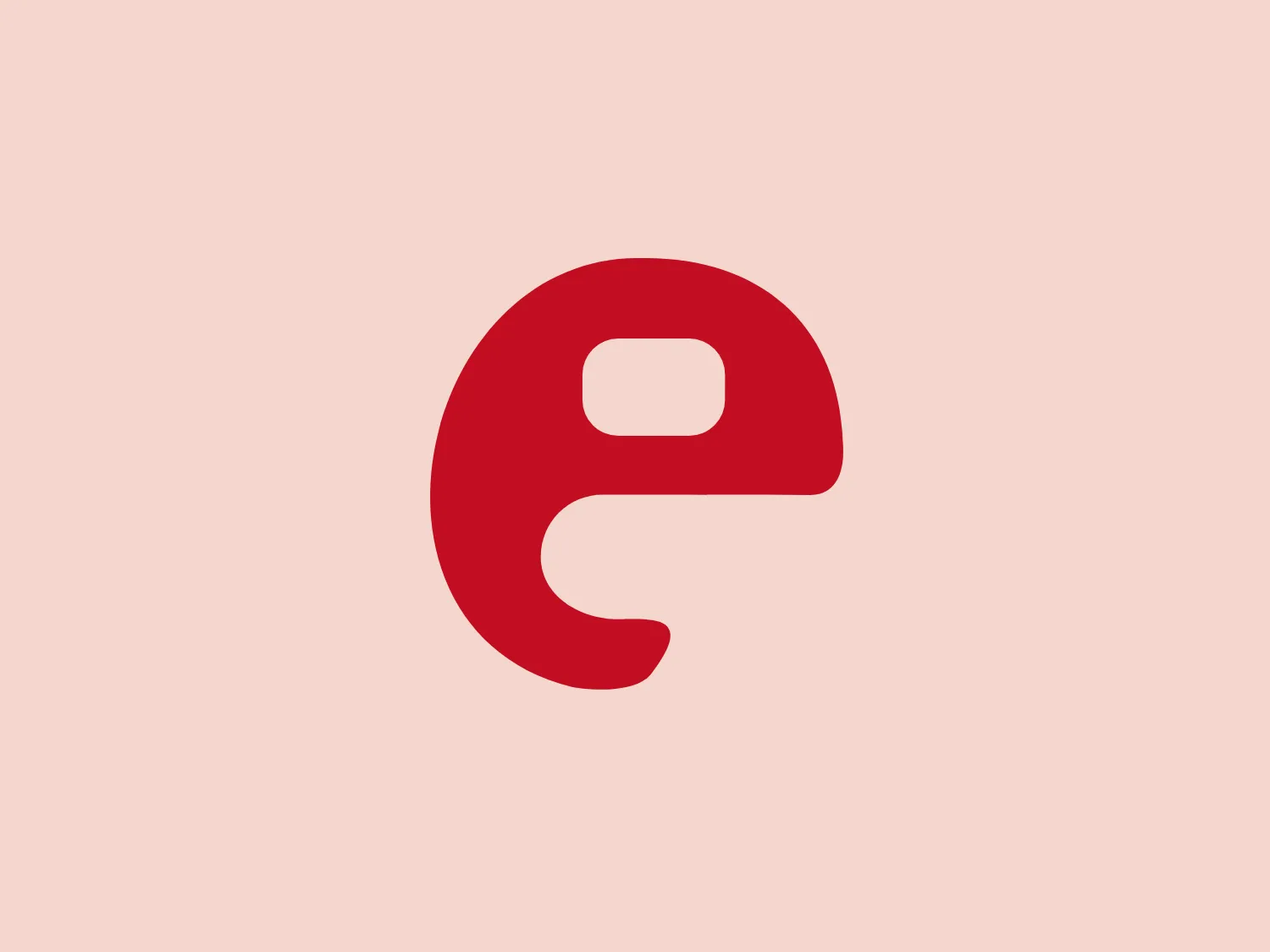 The image showcases a logo made of a simple, stylized letter "e" in a bold, sans-serif font for Exing B&P. The "e" is colored a vibrant red, creating a striking contrast that suggests energy and passion. No additional elements clutter the design, giving it a clean, modern aesthetic. The character's form has a slight tilt or kinetic curve, imbuing the design with a sense of movement. Interesting features include the negative space within the "e" resembling a smaller "e" or an abstract shape, which adds depth to the otherwise flat design.