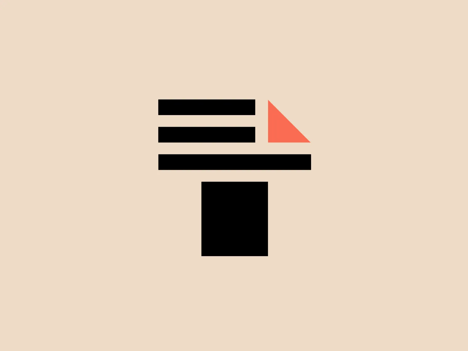 The Typographica logo is a modern and abstract design featuring geometric shapes. The main body consists of three horizontal black stripes of varying lengths on top of a solid black vertical rectangle that serves as a central stem or base. To the right, there is a small pink triangle with slightly rounded edges that breaks the linear symmetry, adding an element of contrast and visual interest. The use of black and pink simplifies the palette, allowing the logo to convey boldness and sophistication, while the overall alignment suggests stability and balance. Given the color scheme of the Typographica logo, a light and neutral background would complement it well.