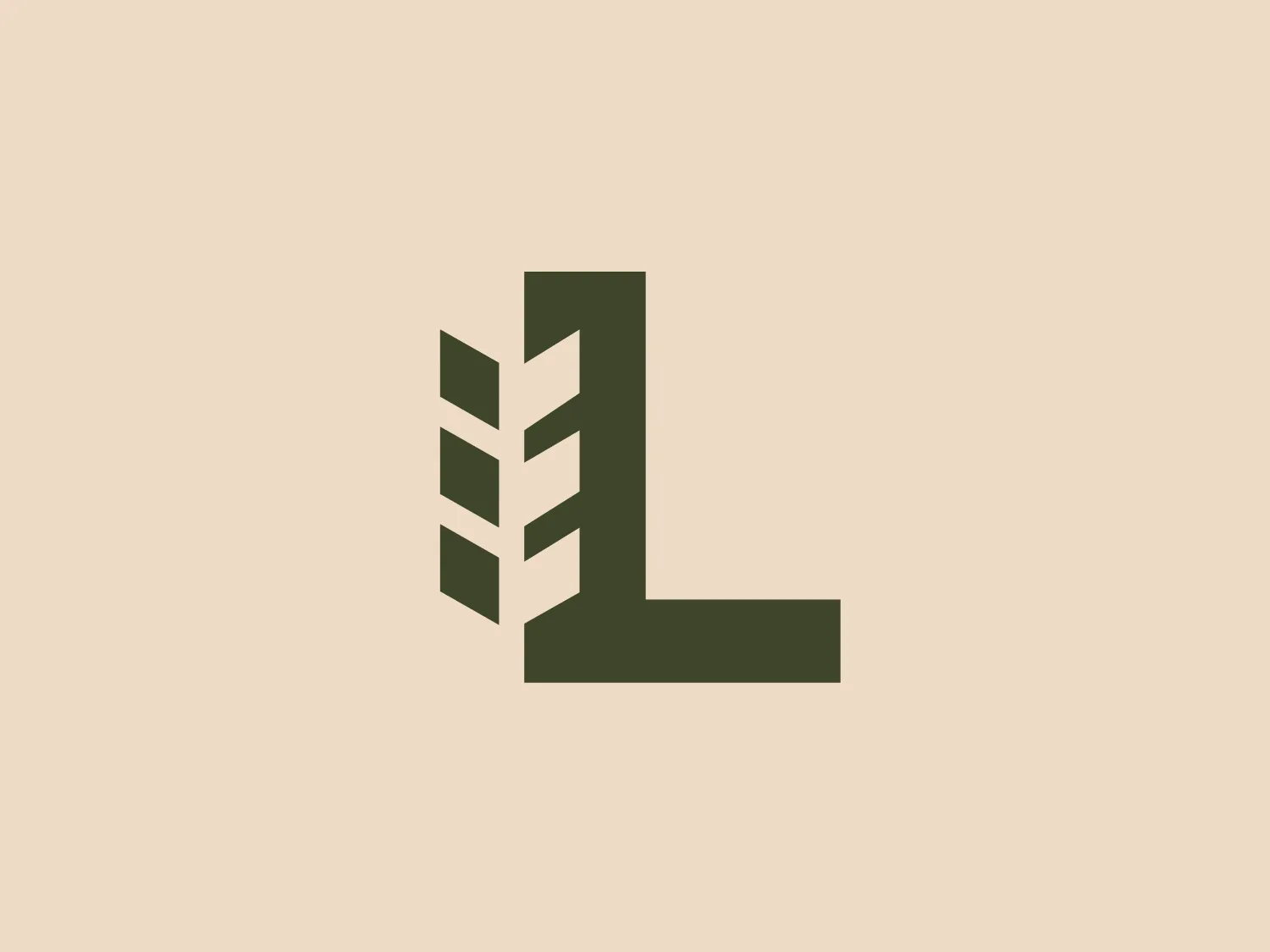 The logo presented is a stylized letter 'L' with a geometric accent that resembles wheat or a series of stylized feathers on the left side. The main part of the 'L' is bold and has a traditional, blocky design, while the accent consists of four parallel, vertical elements with pointed ends, creating a sense of growth or organic origin. The color of the logo is a deep, earthy green, which evokes themes of nature, health, and vitality. Its minimalist design conveys modernity and elegance. Given the natural motif and color, a subtle, light background would complement this logo well.