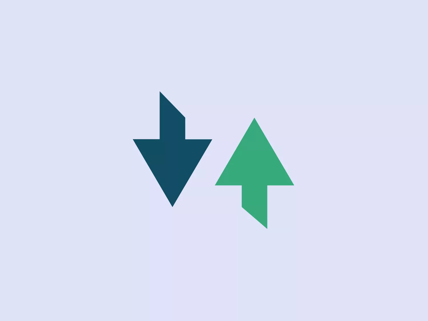 The logo for Zip Code Wilmington features a pair of stylized arrows pointing in opposite directions—a downward pointing arrow on the left and an upward pointing arrow on the right. The downward arrow is a deep teal or dark cyan color, while the upward arrow is a lighter shade of green, suggesting a fresh and organic feel. The arrows are made up of triangles with a consistent stroke thickness, providing a modern and minimalist aesthetic. The design is symmetric in shape but asymmetric in color, conveying movement or potentially hinting at data transfer or conflicting concepts in a simple, abstract manner.