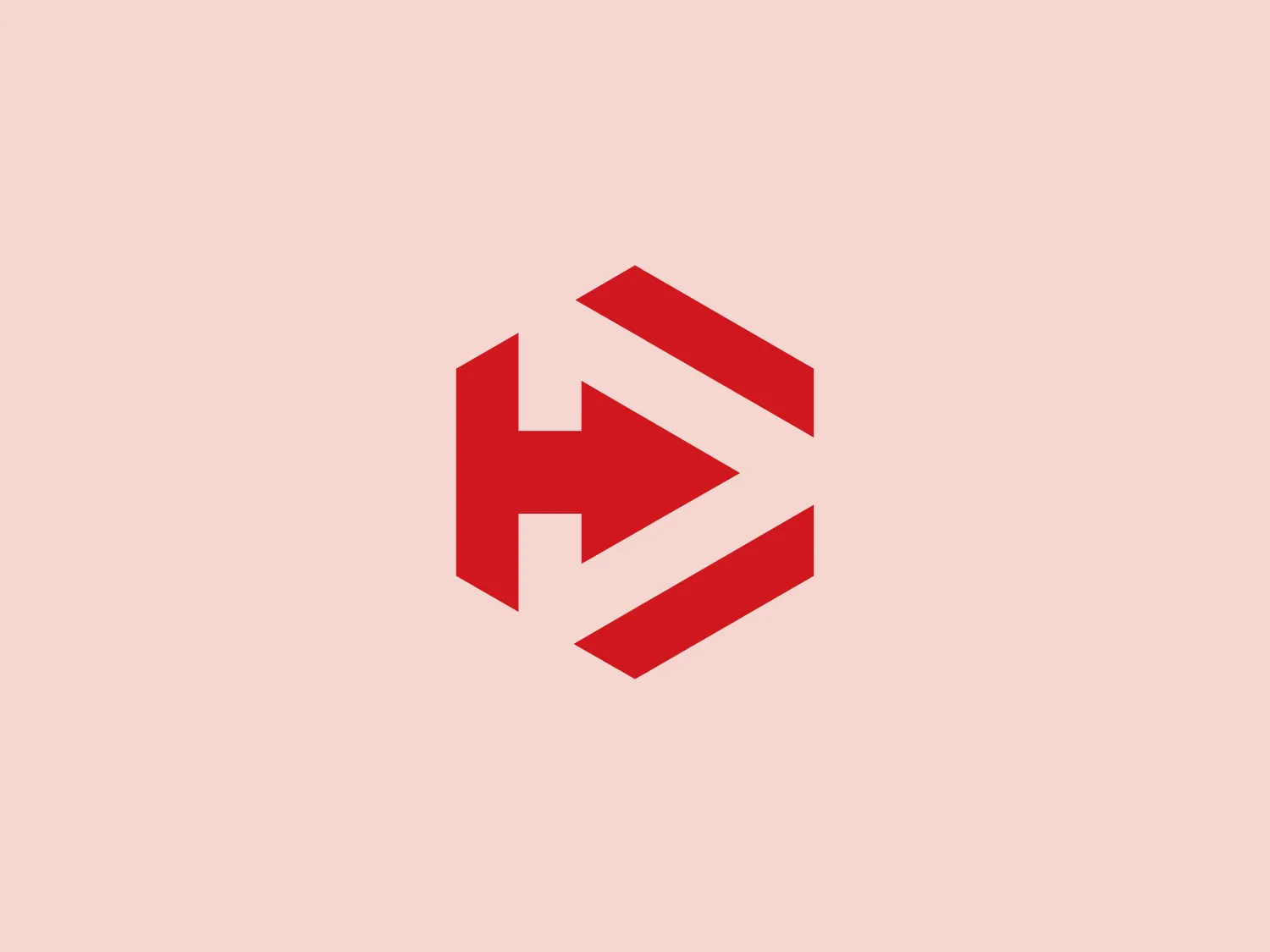 The Dymatize logo showcases a vibrant red (#FF0000) stylized letter "H" with geometric cutouts that convey a dynamic and modern look. The white space inside the logo creates an illusion of two chevrons or arrows pointing to the right, symbolizing motion and progress. The sharp, symmetrical design is based on a hexagonal shape, adding to the logo's structured and high-tech feel. The combination of white and red colors contributes to a bold and attention-grabbing aesthetic. Hexcode: #E0E3F9