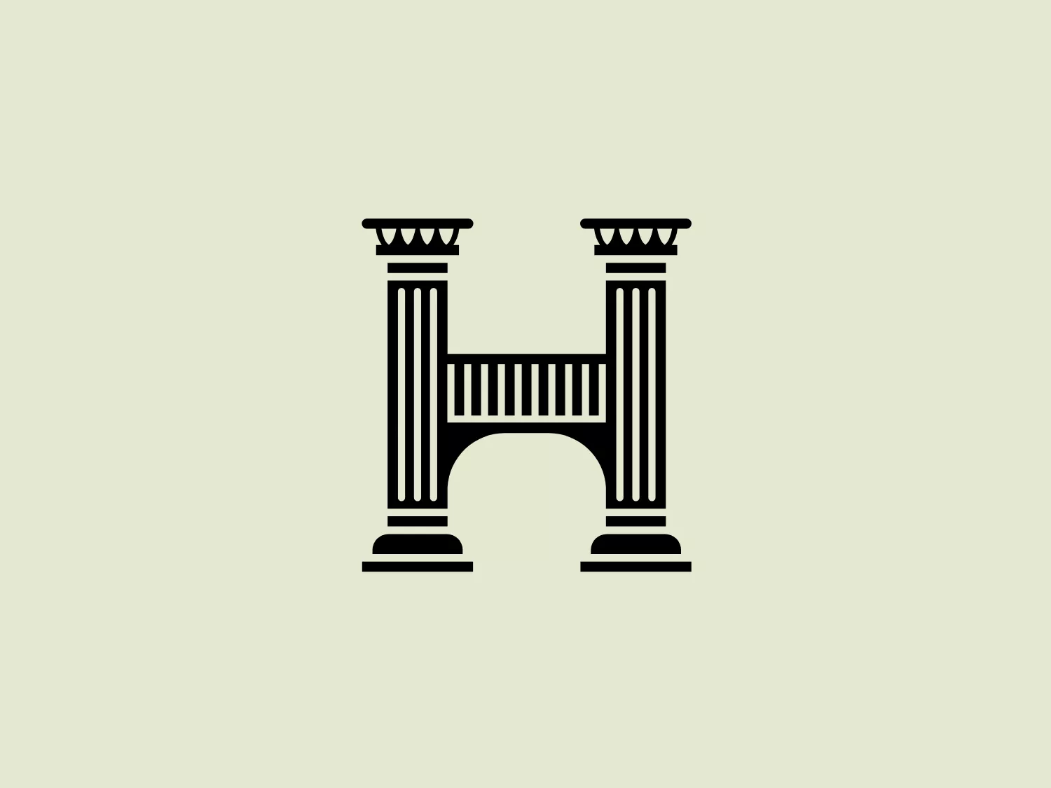 The logo features a stylized letter "H" composed of classical architectural elements resembling two columns connected by a horizontal lintel, suggestive of ancient Greek or Roman design. The columns are adorned with capital details at the top, adding to the sophisticated and timeless look. The use of bold, black lines against a simple background enhances the contrast and makes the design stand out. With its monochromatic color scheme, the Harrogate Brewery logo exudes elegance and strength.