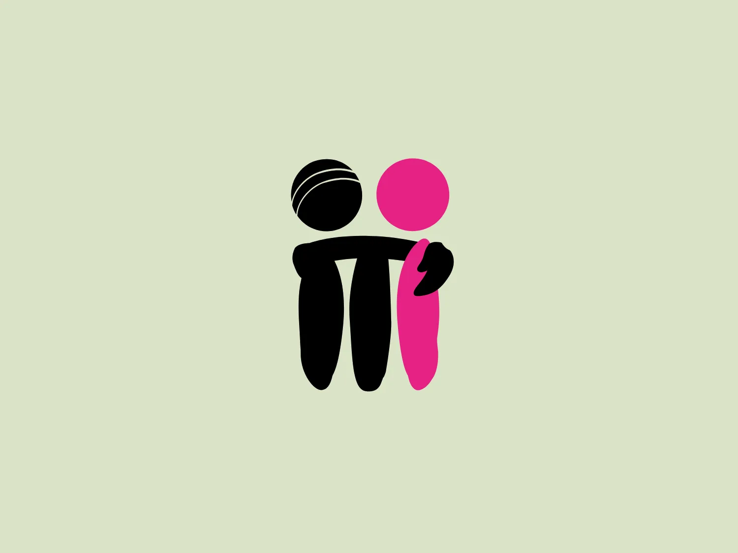 The McGrath Foundation logo features a minimalistic and abstract design depicting two figures: one in black outline and filled with black color, and the other in pink. The figures have rounded heads, no facial features, and their bodies are suggested by simple curved lines. The black figure appears to be extending an arm around the pink figure, conveying a sense of care, support, or unity. The color contrast and simplicity of the design give it a modern and friendly aesthetic, with the pink hue playing a significant role.